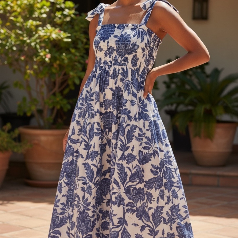 Floral Smocked Dress Skirt Blue White Convertible Resort Summer - Picture 4 of 7